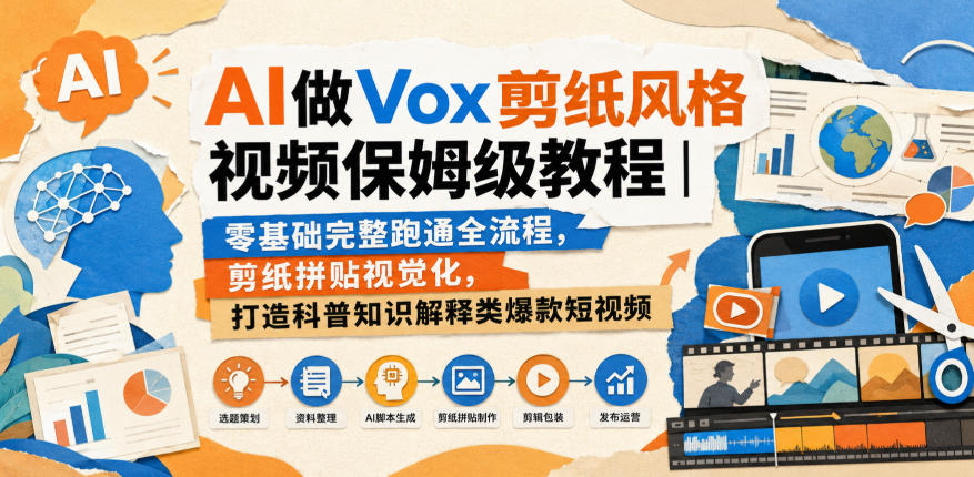 AI做Vox剪纸风格视频保姆级教程|零基础完整跑通全流程,剪纸拼贴视觉化,打造科普知识解释类爆款短视频-知行阁轻创网-分享网络赚钱项目-全网首发副业项目实操平台-副业创业项目网