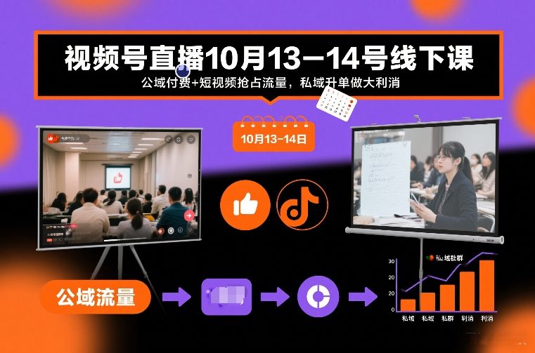 视频号直播10月13-14号线下课，公域付费+短视频抢占流量，私域升单做大利消-知行阁轻创网-分享网络赚钱项目-全网首发副业项目实操平台-副业创业项目网