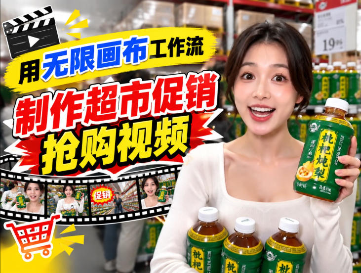 无限画布超市促销抢购视频工作流，一键产出TikTok抖音带货短视频-知行阁轻创网-分享网络赚钱项目-全网首发副业项目实操平台-副业创业项目网