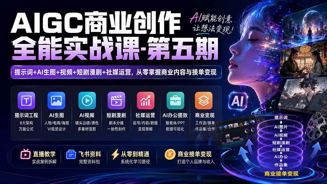（19753期）AIGC商业创作全能实战课-第五期：提示词+AI生图+视频+短剧漫剧+社媒运营，从零掌握商业内容与接单变现-知行阁轻创网-分享网络赚钱项目-全网首发副业项目实操平台-副业创业项目网