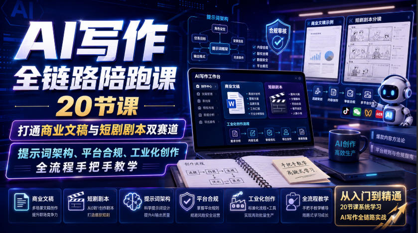 AI写作全链路陪跑课｜20节课打通商业文稿与短剧剧本双赛道，提示词架构、平台合规、工业化创作全流程手把手教学-知行阁轻创网-分享网络赚钱项目-全网首发副业项目实操平台-副业创业项目网