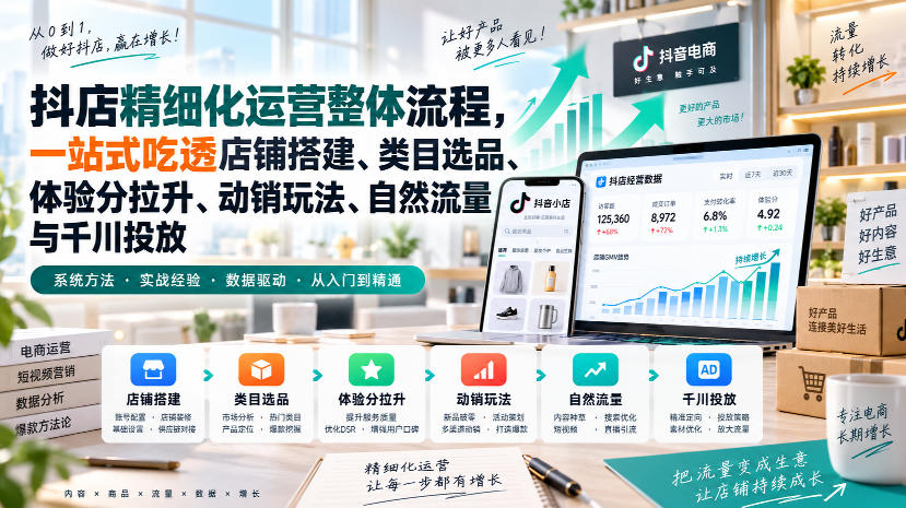 李哥电商-抖店精细化运营整体流程，一站式吃透店铺搭建、类目选品、体验分拉升、动销玩法、自然流量与千川投放-知行阁轻创网-分享网络赚钱项目-全网首发副业项目实操平台-副业创业项目网