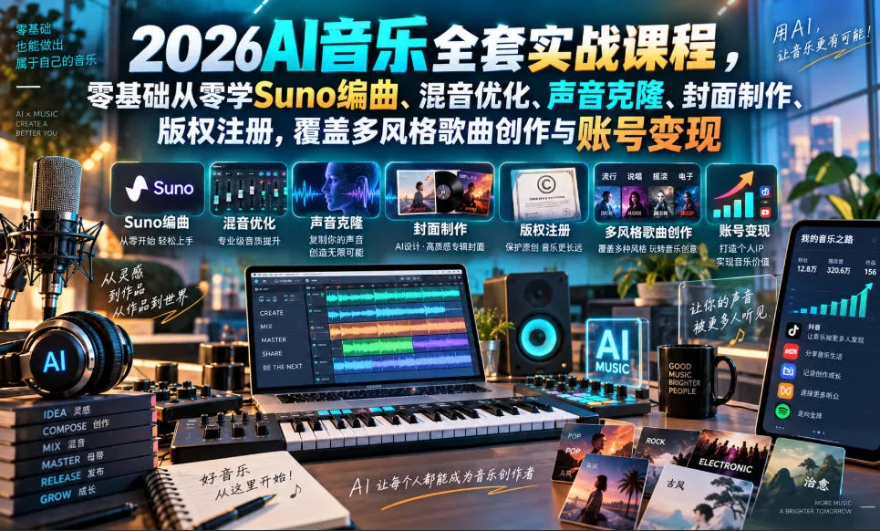 2026AI音乐实战课程,零基础从零学Suno编曲、混音优化、声音克隆、版权注册,覆盖多风格歌曲创作与账号变现(更新0924)-知行阁轻创网-分享网络赚钱项目-全网首发副业项目实操平台-副业创业项目网