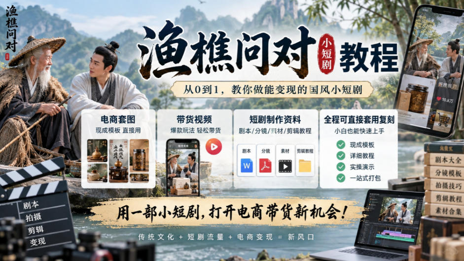 渔樵问对小短剧教程，包含电商套图、带货视频，短剧制作资料，全程可直接套用复刻-知行阁轻创网-分享网络赚钱项目-全网首发副业项目实操平台-副业创业项目网