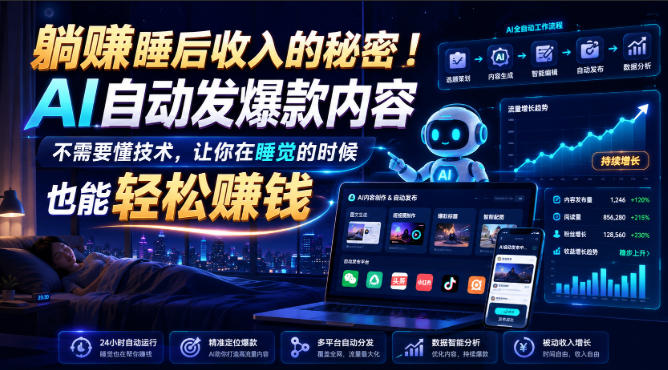 躺賺睡后收入的秘密！AI自动发爆款内容，不需要懂技术，让你在睡觉的时候也能轻松賺钱【原创双语字幕】-知行阁轻创网-分享网络赚钱项目-全网首发副业项目实操平台-副业创业项目网
