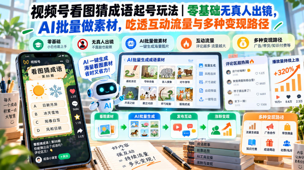 视频号看图猜成语起号玩法｜零基础无真人出镜，AI批量做素材，吃透互动流量与多种变现路径-知行阁轻创网-分享网络赚钱项目-全网首发副业项目实操平台-副业创业项目网