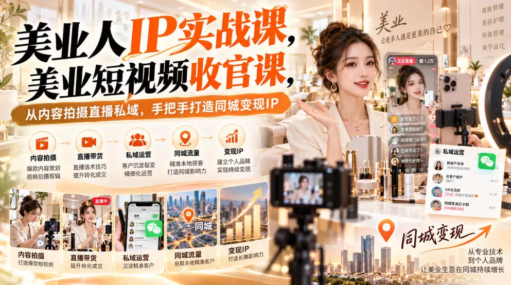 【无水印】美业人IP实战课,美业短视频收官课,从内容拍摄直播私域,手把手打造同城变现IP-知行阁轻创网-分享网络赚钱项目-全网首发副业项目实操平台-副业创业项目网