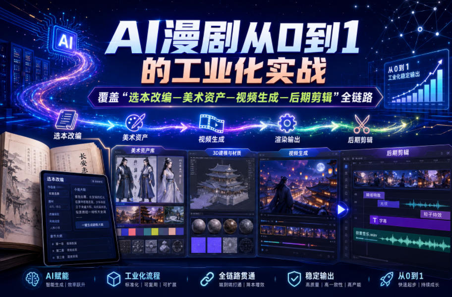 AI漫剧从0到1的工业化实战，覆盖“选本改编—美术资产—视频生成—后期剪辑”全链路（更新6月）-知行阁轻创网-分享网络赚钱项目-全网首发副业项目实操平台-副业创业项目网
