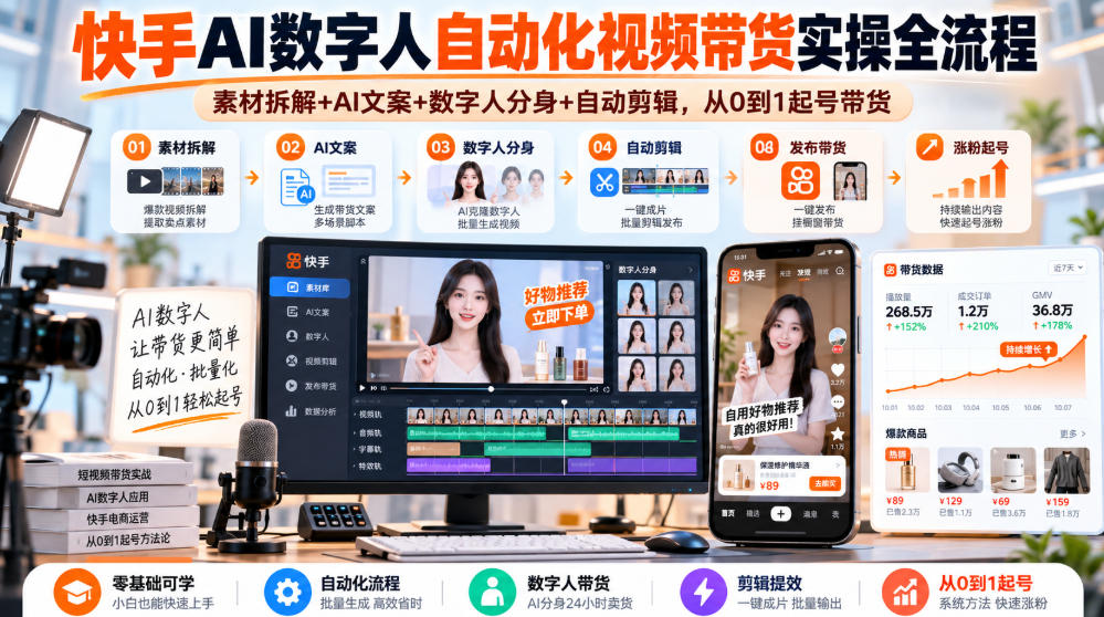 快手AI数字人自动化视频带货实操全流程｜素材拆解+AI文案+数字人分身+自动剪辑，从0到1起号带货（更新26年）-知行阁轻创网-分享网络赚钱项目-全网首发副业项目实操平台-副业创业项目网