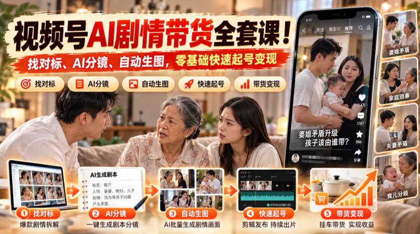 视频号AI剧情带货全套课!找对标、AI分镜、自动生图,零基础快速起号变现-知行阁轻创网-分享网络赚钱项目-全网首发副业项目实操平台-副业创业项目网