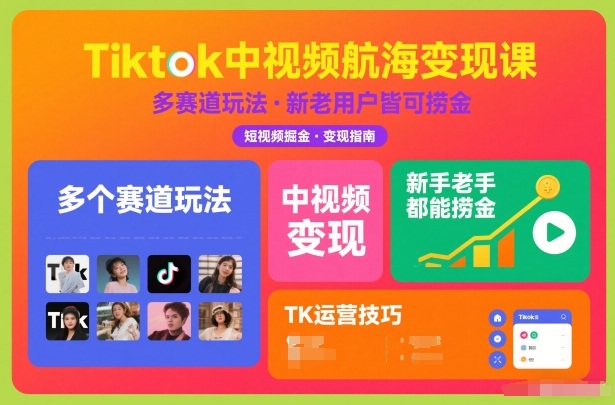 Tiktok中视频航海变现课，多个赛道玩法，新手老手都能在TK中视频捞金-知行阁轻创网-分享网络赚钱项目-全网首发副业项目实操平台-副业创业项目网