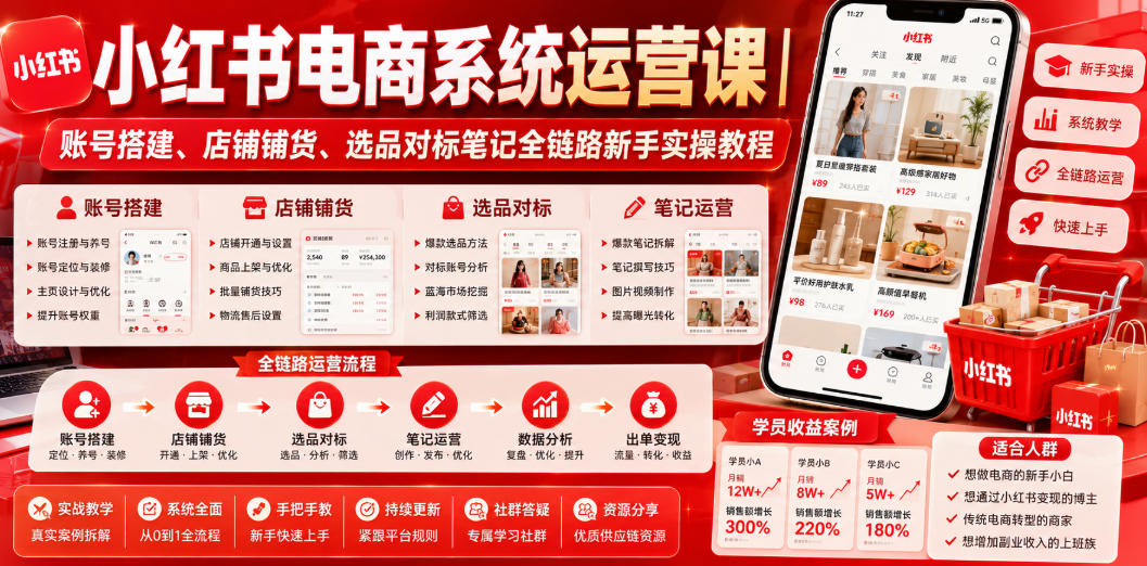 小红书电商系统运营课｜账号搭建、店铺铺货、选品对标笔记全链路新手实操教程-知行阁轻创网-分享网络赚钱项目-全网首发副业项目实操平台-副业创业项目网