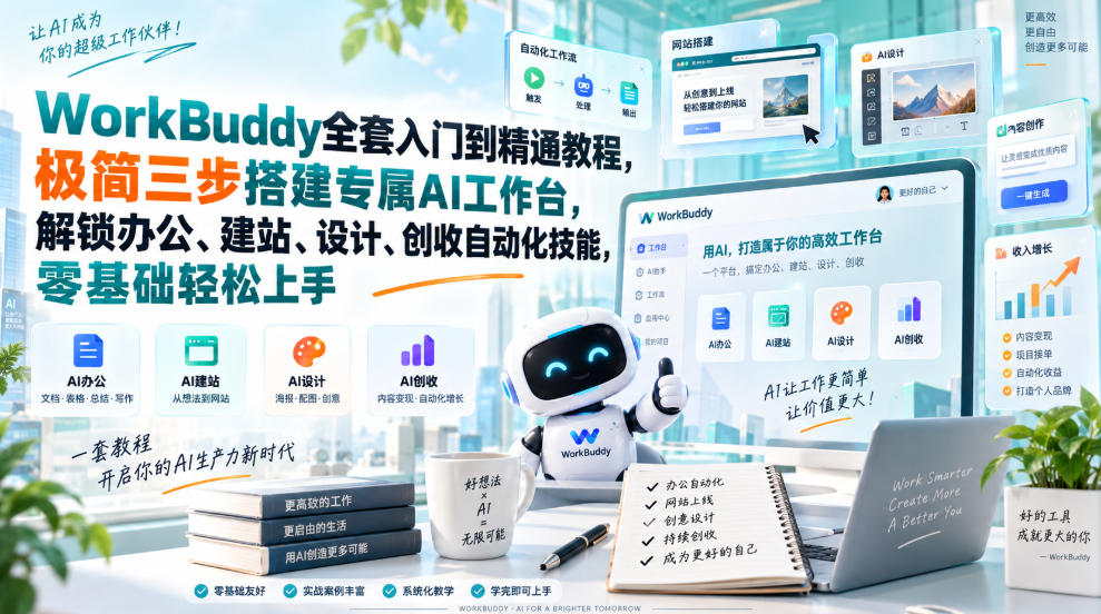 WorkBuddy全套入门到精通教程,极简三步搭建专属AI工作台,解锁办公、建站、设计、创收自动化技能,零基础轻松上手-知行阁轻创网-分享网络赚钱项目-全网首发副业项目实操平台-副业创业项目网
