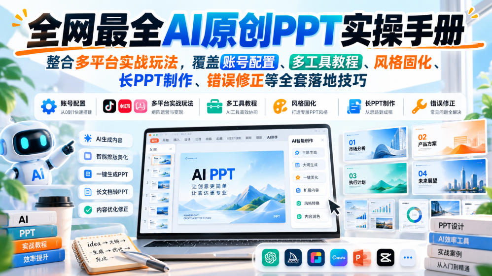 全网最全AI原创PPT实操手册,整合多平台实战玩法,覆盖账号配置、多工具教程、风格固化、长PPT制作、错误修正等全套落地技巧 全网最全AI原创PPT实操手册,整合多平台实战玩法,覆盖账号配置、多工具教程、风格固化、长PPT制作、错误修正等全套落地技巧