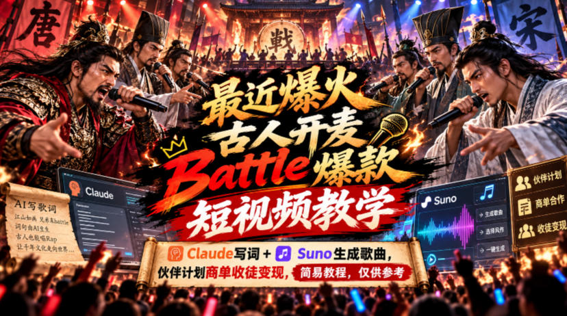 最近爆火古人开麦Battle爆款短视频教学，Claude写词+Suno生成歌曲，伙伴计划商单收徒变现，简易教程，仅供参考-知行阁轻创网-分享网络赚钱项目-全网首发副业项目实操平台-副业创业项目网