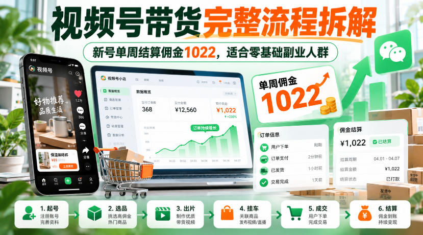 视频号带货完整流程拆解，新号单周结算佣金1022，适合零基础副业人群-知行阁轻创网-分享网络赚钱项目-全网首发副业项目实操平台-副业创业项目网