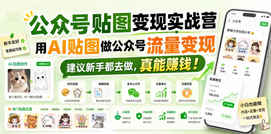 公众号贴图变现实战营,用AI贴图做公众号流量变现,建议新手都去做,真能賺钱!-知行阁轻创网-分享网络赚钱项目-全网首发副业项目实操平台-副业创业项目网