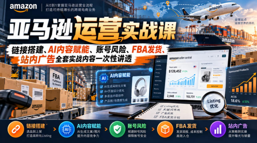 亚马逊运营实战课，链接搭建、AI内容赋能、账号风险、FBA发货、站内广告全套实战内容一次性讲透-知行阁轻创网-分享网络赚钱项目-全网首发副业项目实操平台-副业创业项目网