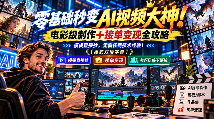 零基础秒变AI视频大神！电影级制作+接单变现全攻略，模板直接抄，无需任何技术经验！【原创双语字幕】-知行阁轻创网-分享网络赚钱项目-全网首发副业项目实操平台-副业创业项目网