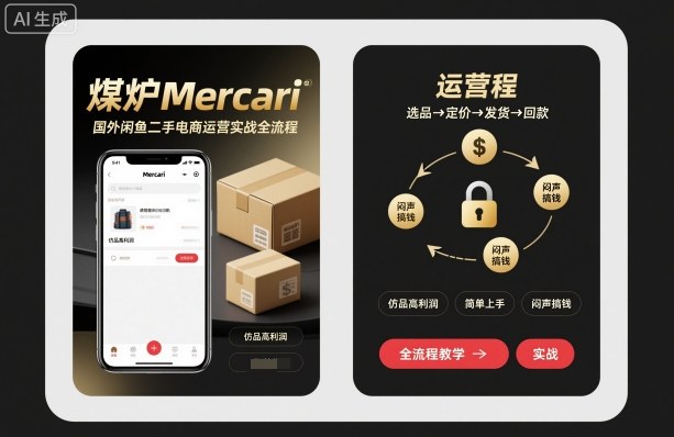 煤炉Mercari国外闲鱼二手电商运营实战全流程，仿品高利润，简单上手，闷声搞钱-知行阁轻创网-分享网络赚钱项目-全网首发副业项目实操平台-副业创业项目网