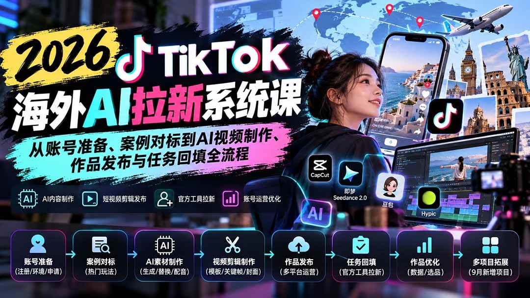（20675期）【无水印】2026 TikTok海外AI拉新系统课：从账号准备、案例对标到AI视频制作、作品发布与任务回填全流程-知行阁轻创网-分享网络赚钱项目-全网首发副业项目实操平台-副业创业项目网