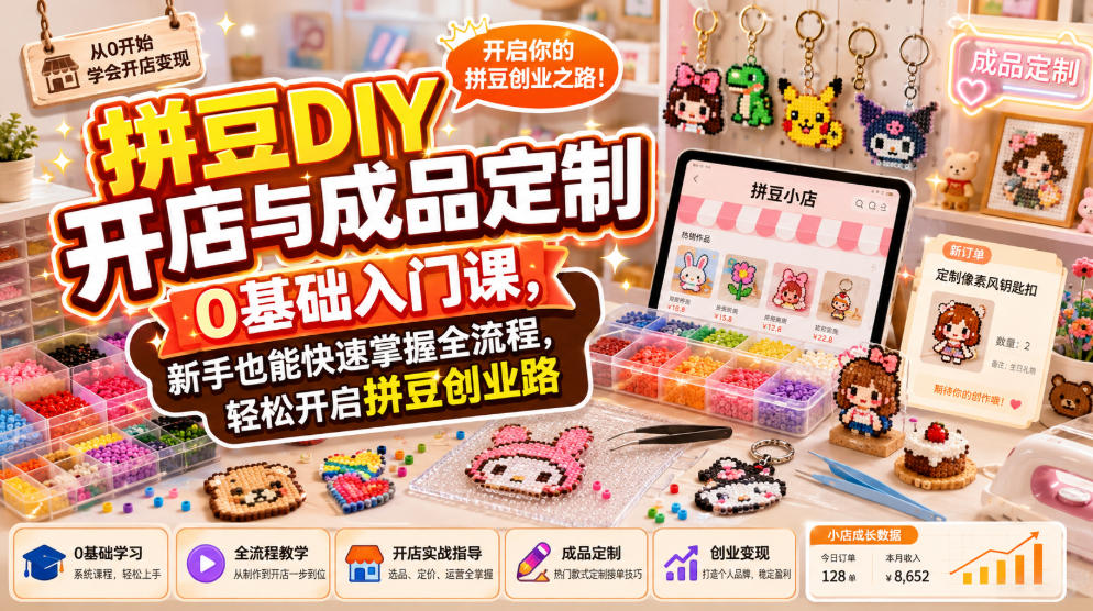 拼豆DIY开店与成品定制0基础入门课,新手也能快速掌握全流程,轻松开启拼豆创业路-知行阁轻创网-分享网络赚钱项目-全网首发副业项目实操平台-副业创业项目网