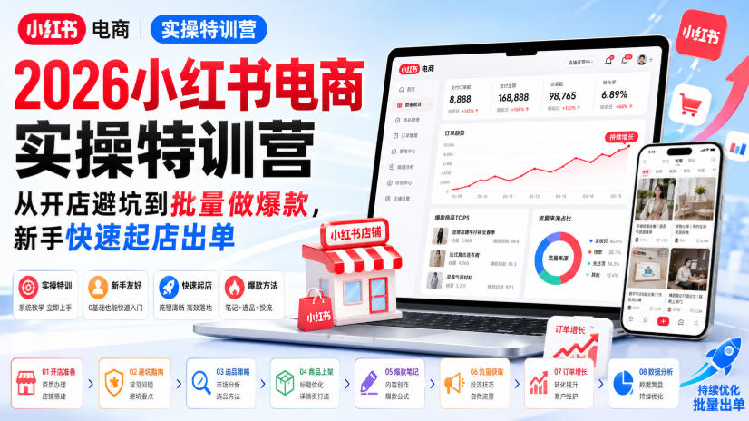 2026小红书电商实操特训营，从开店避坑到批量做爆款，新手快速起店出单-知行阁轻创网-分享网络赚钱项目-全网首发副业项目实操平台-副业创业项目网