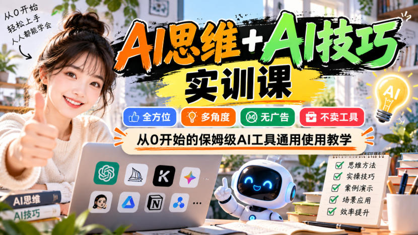 AI思维+AI技巧实训课，全方位、多角度、无广告、不卖工具，从0开始的保姆级AI工具通用使用教学-知行阁轻创网-分享网络赚钱项目-全网首发副业项目实操平台-副业创业项目网