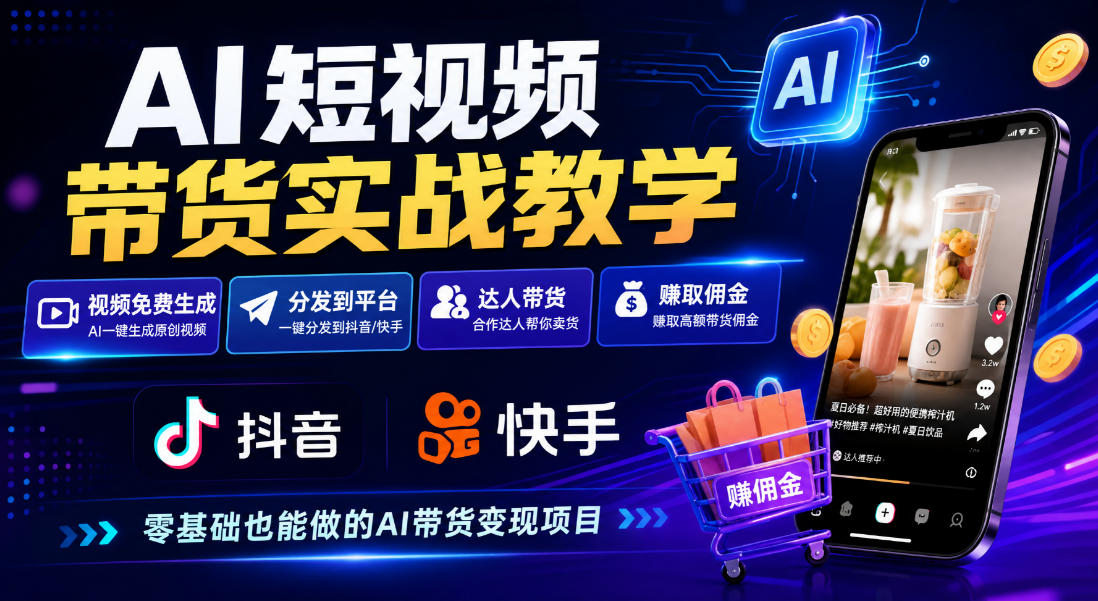 AI短视频带货实战教学，视频免费生成，分发到抖音快手平台，达人带货賺佣金-知行阁轻创网-分享网络赚钱项目-全网首发副业项目实操平台-副业创业项目网