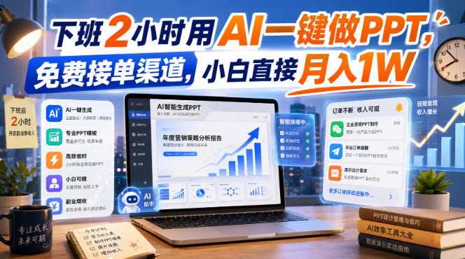 下班2小时用AI一键做PPT，免费接单渠道，小白直接月入1W【揭秘】-知行阁轻创网-分享网络赚钱项目-全网首发副业项目实操平台-副业创业项目网