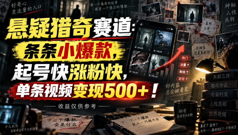 悬疑猎奇赛道:条条小爆款,起号快涨粉快,单条视频变现500+!收益仅供参考-知行阁轻创网-分享网络赚钱项目-全网首发副业项目实操平台-副业创业项目网