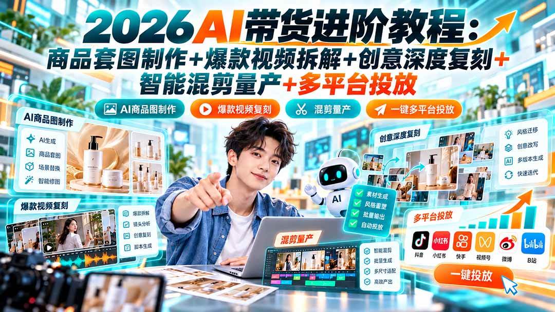 （20857期）2026AI带货进阶教程：商品套图制作+爆款视频拆解+创意深度复刻+智能混剪量产+多平台投放-知行阁轻创网-分享网络赚钱项目-全网首发副业项目实操平台-副业创业项目网