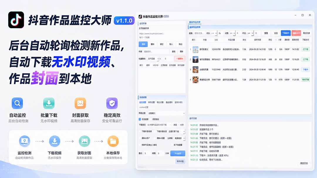 抖音作品监控大师v1.1.0:后台自动轮询检测新作品,自动下载无水印视频、作品封面到本地 抖音作品监控大师v1.1.0:后台自动轮询检测新作品,自动下载无水印视频、作品封面到本地