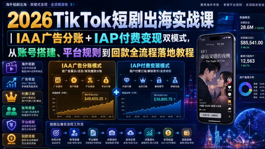 2026TikTok短剧出海实战课|IAA广告分账+IAP付费变现双模式,从账号搭建、平台规则到回款全流程落地教程-知行阁轻创网-分享网络赚钱项目-全网首发副业项目实操平台-副业创业项目网