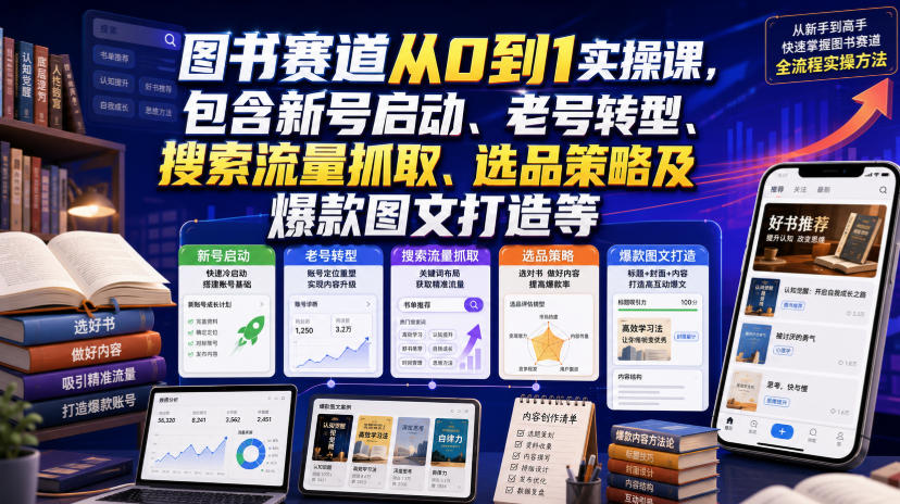 图书赛道从0到1实操课,包含新号启动、老号转型、搜索流量抓取、选品策略及爆款图文打造等 图书赛道从0到1实操课,包含新号启动、老号转型、搜索流量抓取、选品策略及爆款图文打造等