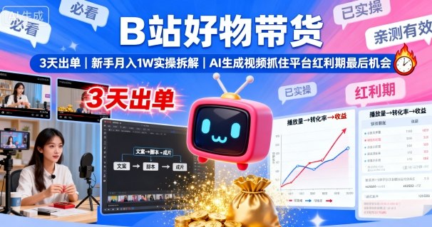 B站好物带货，3天出单，新手月入1W实操拆解，AI生成视频，抓住平台红利期最后机会-知行阁轻创网-分享网络赚钱项目-全网首发副业项目实操平台-副业创业项目网