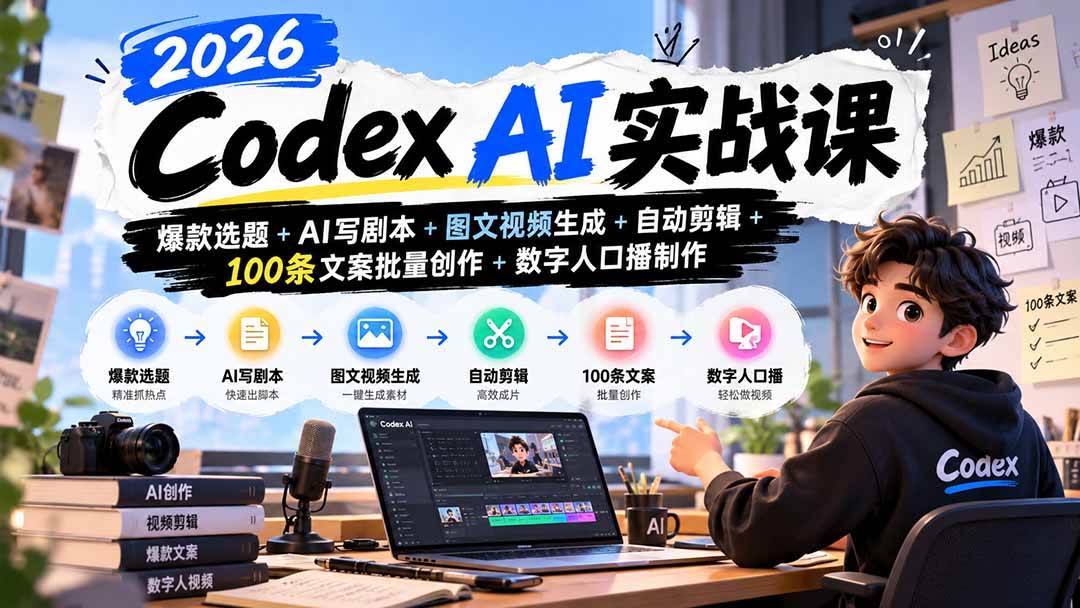 （20899期）2026Codex AI实战课：爆款选题+AI写剧本+图文视频生成+自动剪辑+100条文案批量创作+数字人口播制作-知行阁轻创网-分享网络赚钱项目-全网首发副业项目实操平台-副业创业项目网