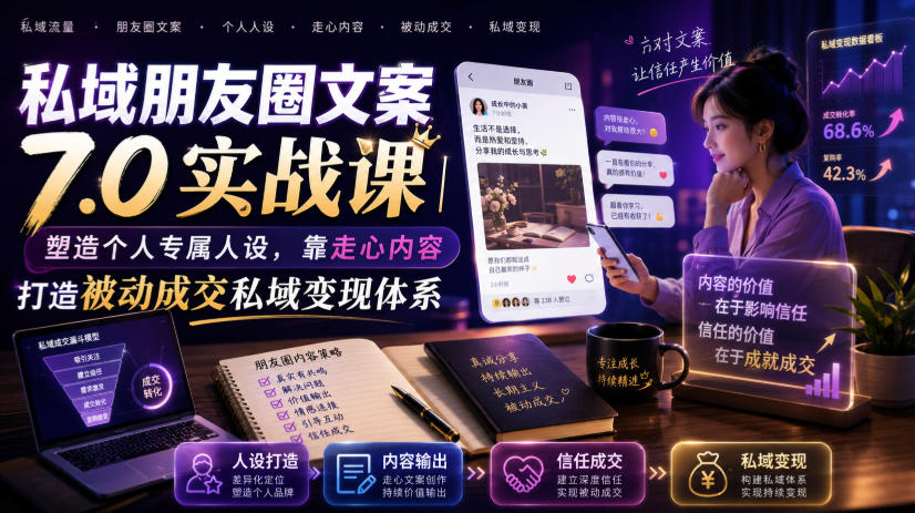 私域朋友圈文案7.0实战课｜塑造个人专属人设，靠走心内容打造被动成交私域变现体系-知行阁轻创网-分享网络赚钱项目-全网首发副业项目实操平台-副业创业项目网