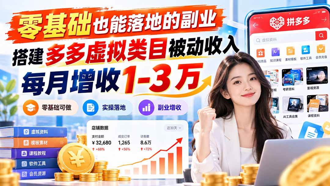 （20870期）零基础也能落地的副业，搭建多多虚拟类目被动收入，每月增收 1-3 万-知行阁轻创网-分享网络赚钱项目-全网首发副业项目实操平台-副业创业项目网