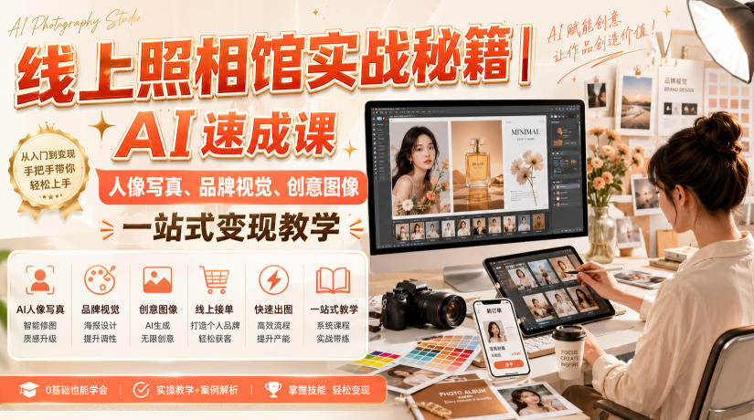 线上照相馆实战秘籍｜AI速成课，人像写真、品牌视觉、创意图像一站式变现教学-知行阁轻创网-分享网络赚钱项目-全网首发副业项目实操平台-副业创业项目网