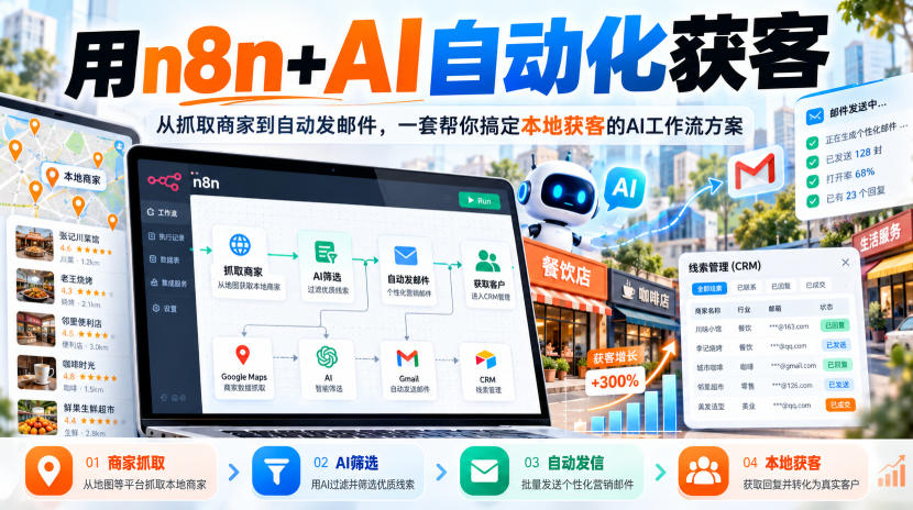 【无水印】用n8n+AI自动化获客，从抓取商家到自动发邮件，一套帮你搞定本地获客的AI工作流方案【原创双语字幕】-知行阁轻创网-分享网络赚钱项目-全网首发副业项目实操平台-副业创业项目网