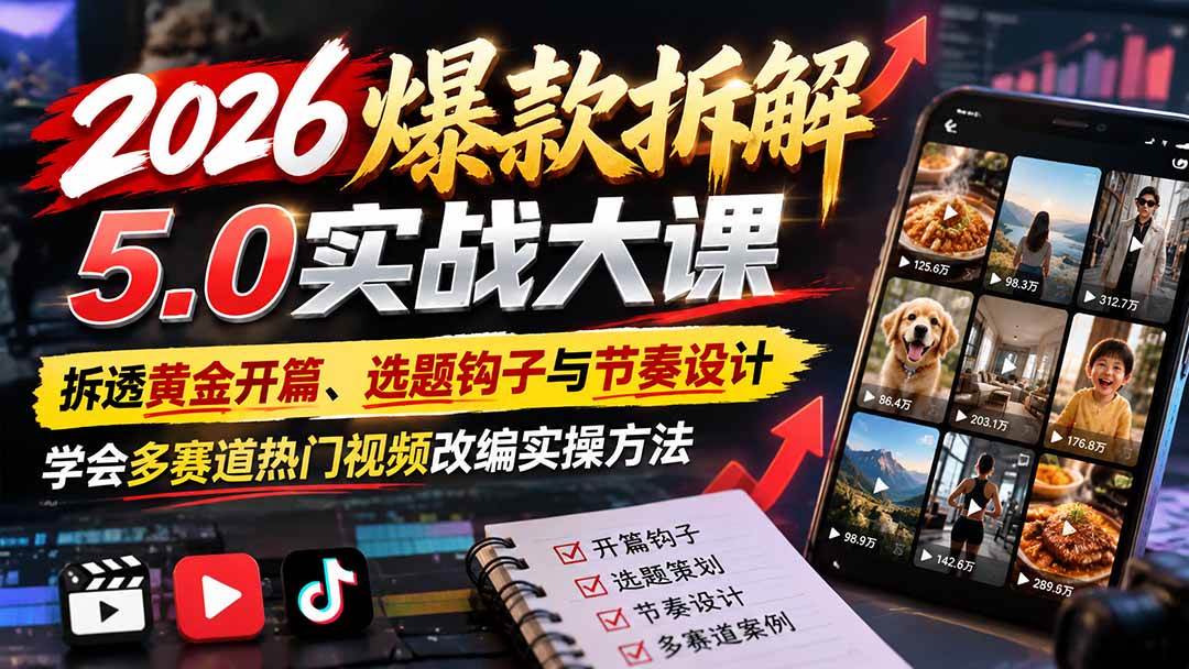 (21110期)2026爆款拆解5.0实战大课:拆透黄金开篇、选题钩子与节奏设计,学会多赛道热门视频改编实操方法-知行阁轻创网-分享网络赚钱项目-全网首发副业项目实操平台-副业创业项目网