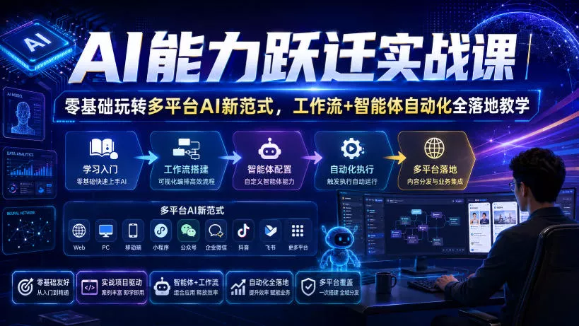 AI能力跃迁实战课｜零基础玩转多平台AI新范式，工作流+智能体自动化全落地教学-知行阁轻创网-分享网络赚钱项目-全网首发副业项目实操平台-副业创业项目网