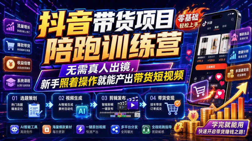 抖音带货项目陪跑训练营，无需真人出镜，新手照着操作就能产出带货短视频-知行阁轻创网-分享网络赚钱项目-全网首发副业项目实操平台-副业创业项目网