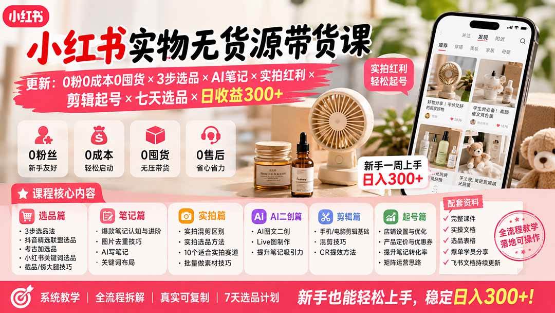 （19840期）小红书实物无货源带货课-更新：0粉0成本0囤货×3步选品×AI笔记×实拍红利×剪辑起号×七天选品×日收益300+-知行阁轻创网-分享网络赚钱项目-全网首发副业项目实操平台-副业创业项目网