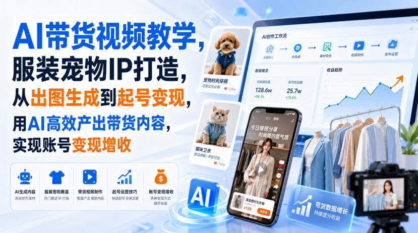 AI带货视频教学，服装宠物IP打造，从出图生成到起号变现，用AI高效产出带货内容，实现账号变现增收-知行阁轻创网-分享网络赚钱项目-全网首发副业项目实操平台-副业创业项目网