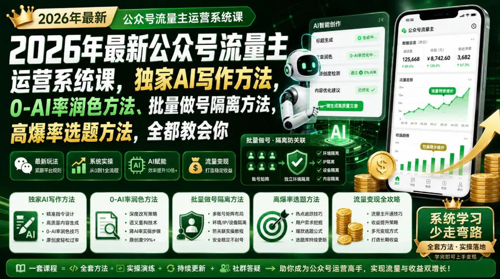 2026年最新公众号流量主运营系统课，独家AI写作方法，0-AI率润色方法、批量做号隔离方法、高爆率选题方法，全都教会你(更新1009)-知行阁轻创网-分享网络赚钱项目-全网首发副业项目实操平台-副业创业项目网