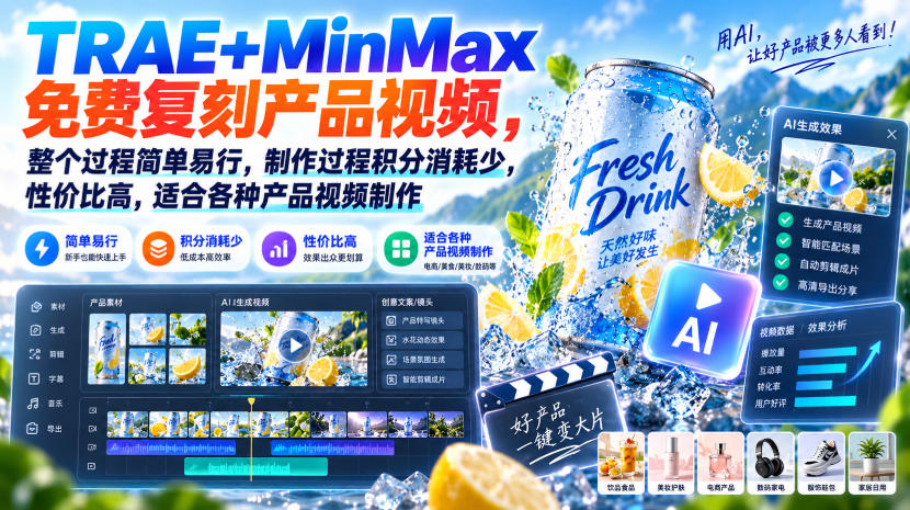 TRAE+MinMax免费复刻产品视频，整个过程简单易行，制作过程积分消耗少，性价比高，适合各种产品视频制作-知行阁轻创网-分享网络赚钱项目-全网首发副业项目实操平台-副业创业项目网