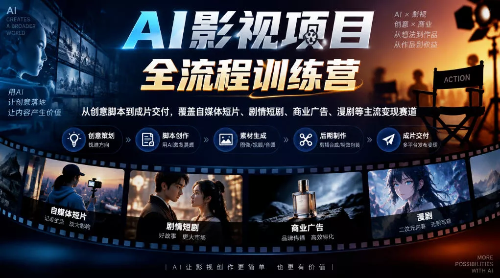 AI影视项目全流程训练营,从创意脚本到成片交付,覆盖自媒体短片、剧情短剧、商业广告、漫剧等主流变现赛道-知行阁轻创网-分享网络赚钱项目-全网首发副业项目实操平台-副业创业项目网