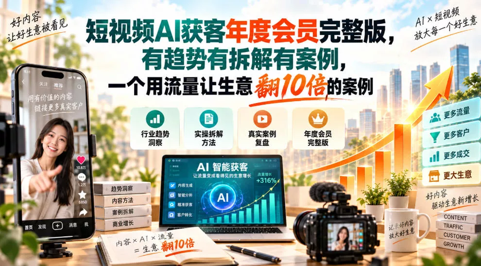 短视频AI获客年度会员完整版，有趋势有拆解有案例，一个用流量让生意翻10倍的案例-知行阁轻创网-分享网络赚钱项目-全网首发副业项目实操平台-副业创业项目网